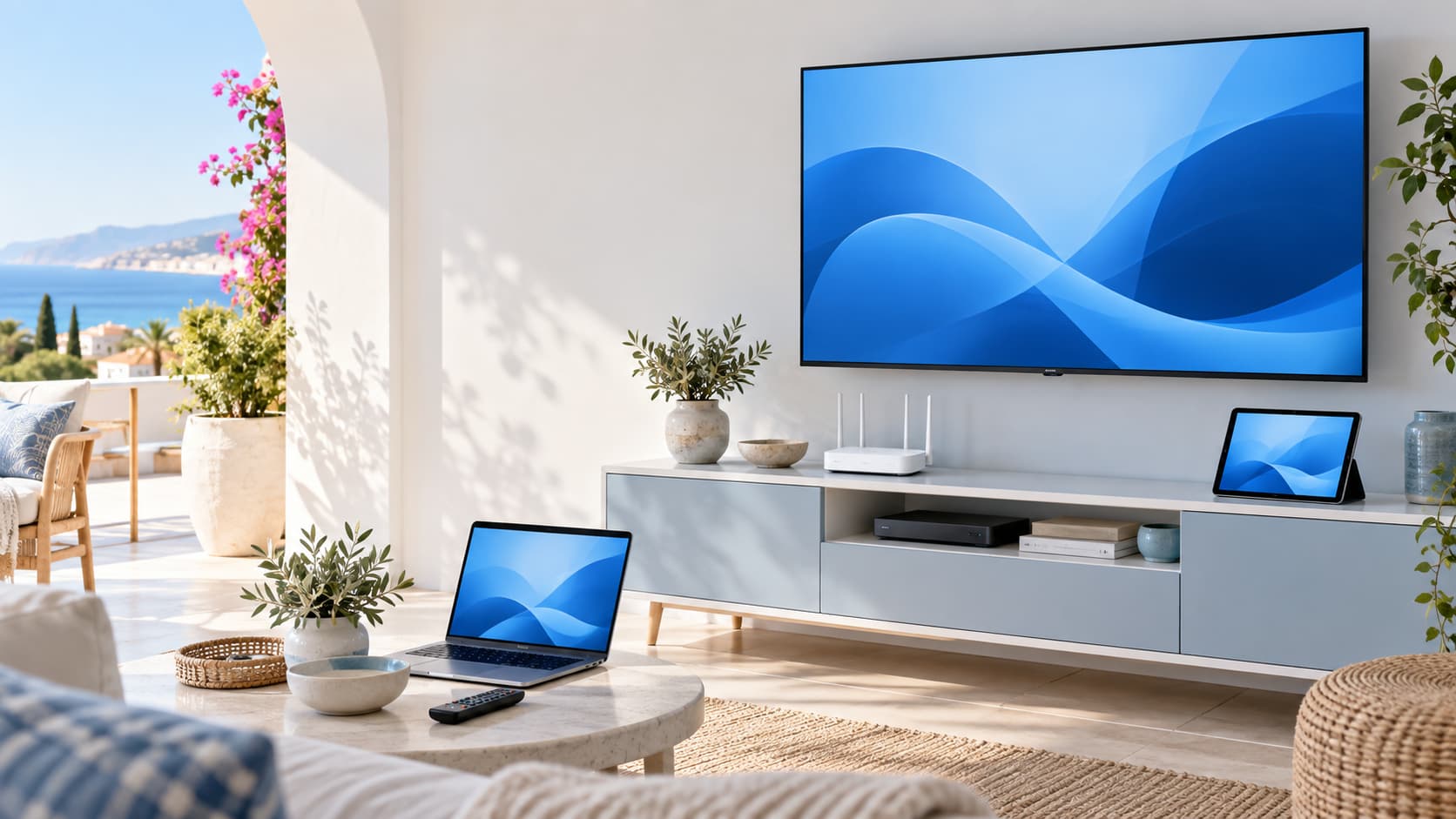 Valoisa olohuone, jossa televisiossa näkyvät suomalaiset TV-palvelut.