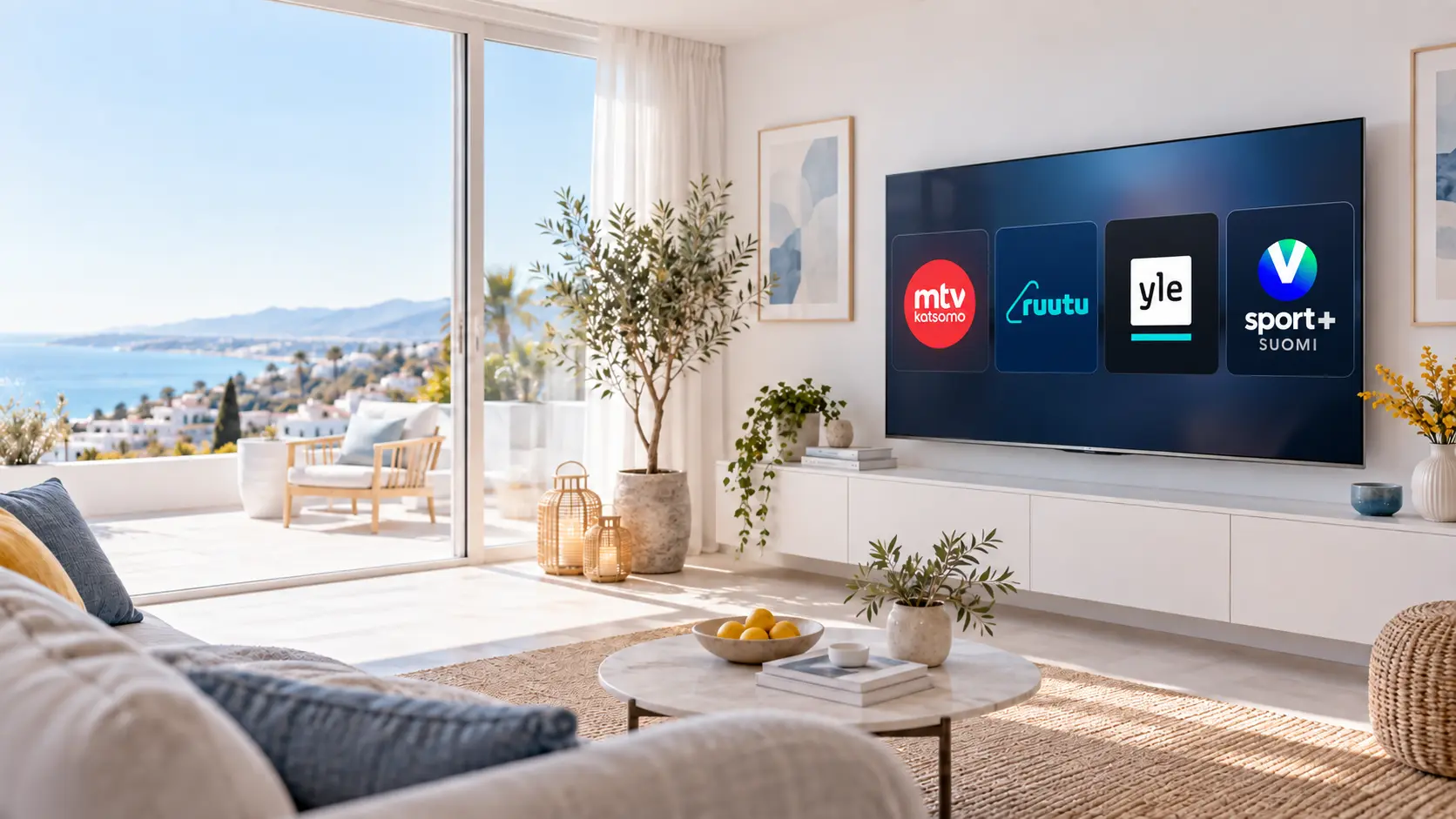 Valoisa olohuone, jossa televisiossa näkyvät suomalaiset TV-palvelut.